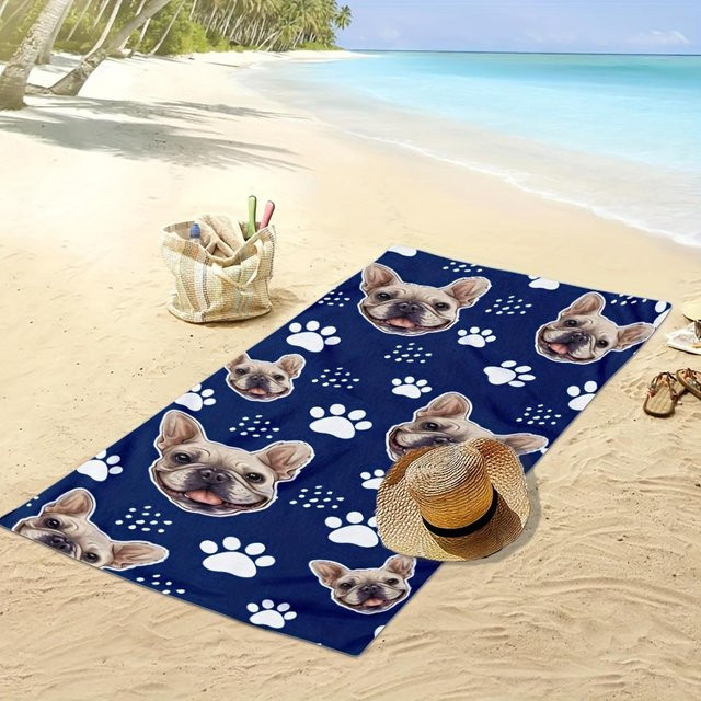 Schnelltrocknendes Mikrofaser Strandtuch mit Französische Bulldogge Motiv von JMG Household Supplies, Blau, Breite: 100 cm, Länge: 200 cm - Bild 1