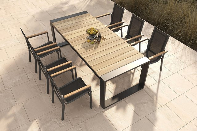 OUTFLEXX Evora Garten-Essgruppe aus Aluminium, Teakholz und Textilene in Anthrazit/Natur, B/T: 240 x 100 cm - Bild 1