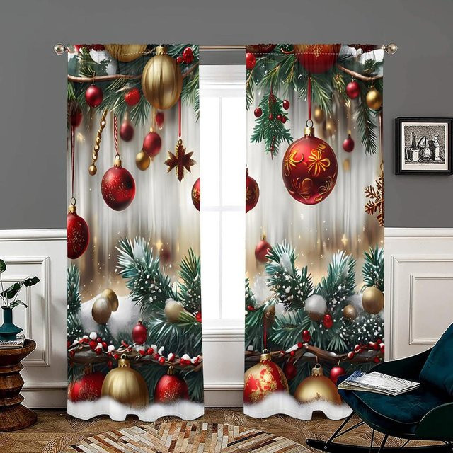 2er-Set Verdunkelungsvorhänge mit Weihnachtsbäumchen-Motiv, Grün und Schwarz, B: 150 cm, H: 166 cm - Bild 1