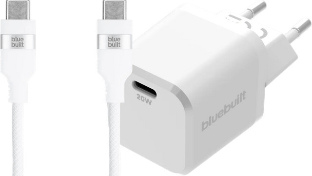 BlueBuilt Power-Delivery-Ladegerät 20 W mit 1,5 m USB-C-Nylonkabel in Weiß - Bild 1