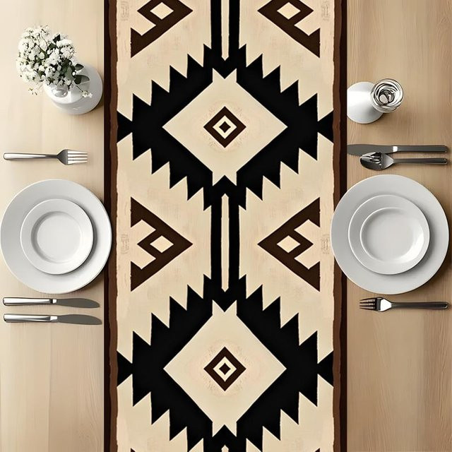 JINGYUE Pet Tischläufer mit ethnischem geometrischem Muster in Beige, B/T/H: 140 x 40 cm - Bild 1
