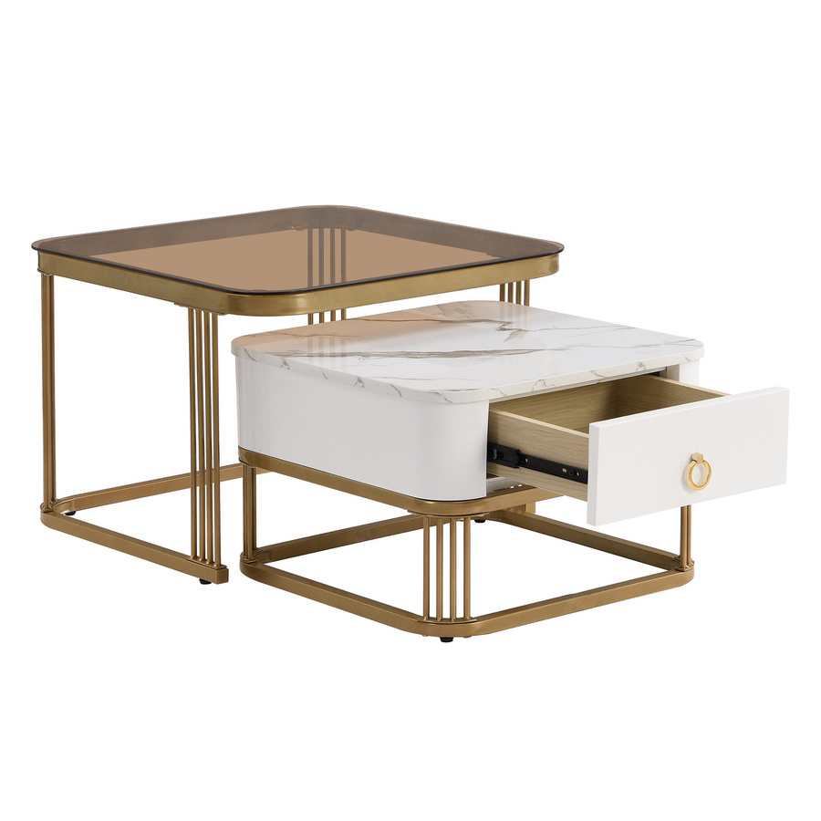 GL Store Stapelbares Couchtisch-Set mit Marmoroptik und Glasplatte in Weiß, Braun und Gold, zweiteiliges Set mit Schubladen für dein Wohnzimmer - Bild 2