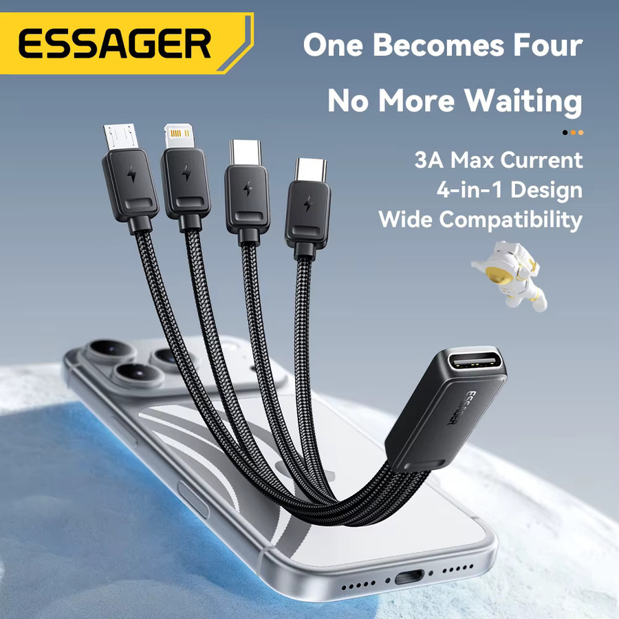 Essager 4-in-1 Mehrfach-Ladekabel mit USB-C, Micro-USB und Lightning in Schwarz - Bild 3