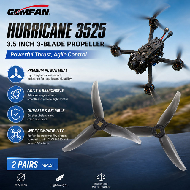 Gemfan Hurricane 3525 3,5 Zoll 3-Blatt-Propeller aus PC-Material für Freestyle FPV-Drohnen kompatibel mit CLOUD-160 - Bild 1