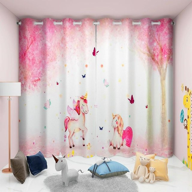 Yiran Furniture Einhorn Regenbogen Vorhänge für Kinder in Rosa und Weiß, 2er-Set mit Ösenaufhängung, halbtransparent, Breite: 60 cm, Höhe: 50 cm - Bild 1