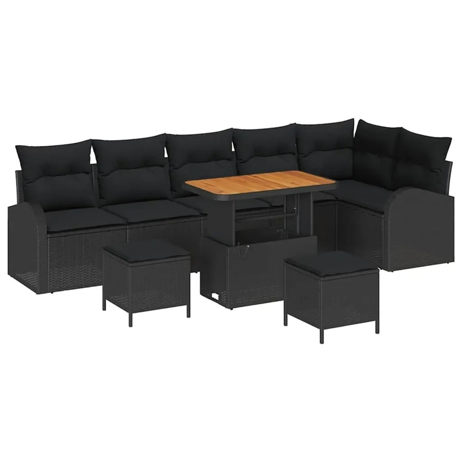 vidaXL Garten-Sofa-Set aus Polyrattan in Schwarz, 9-teiliges L-Shape Lounge-Set mit Kissen und Tisch - Bild 2