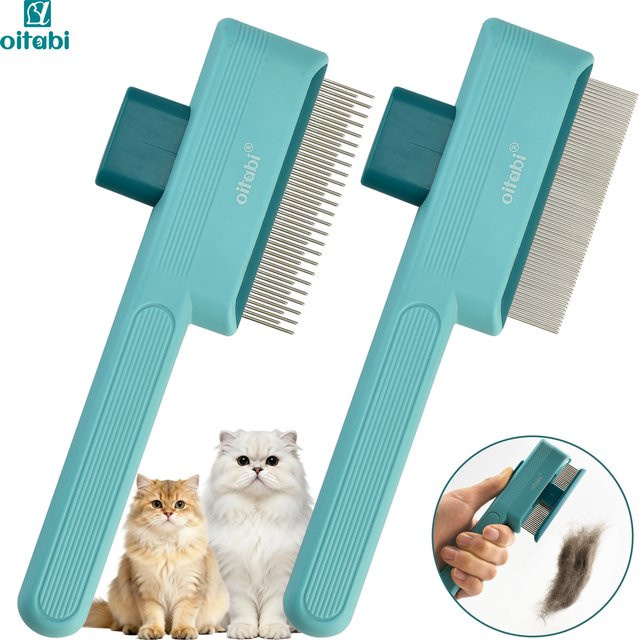 Oitabi Haustierkamm für Katzen und Hunde mit Entriegelungsknopf und runden Zähnen, selbstreinigende Pflegebürste, Farbe: Turquoise, B/T/H: 19,0 x 7,0 x 0 cm - Bild 1