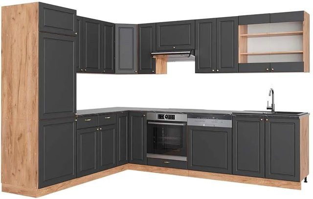 Vicco Fame-Line Eckküche Landhausstil in Anthrazit und Eiche mit Soft-Close-Türen, B: 227 cm, B: 287 cm - Bild 1