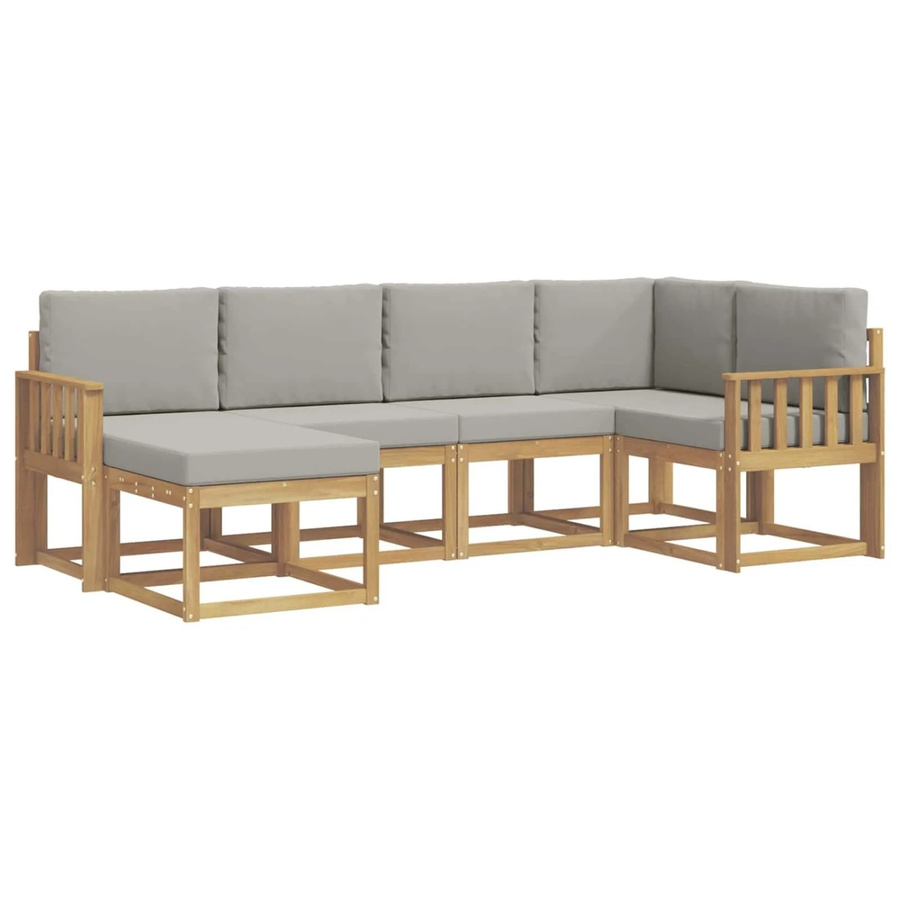 vidaXL Outdoor-Sofagarnitur 6-teilig in L-Form aus Akazienholz mit Polstern, Weiß-hellgrau - Bild 2