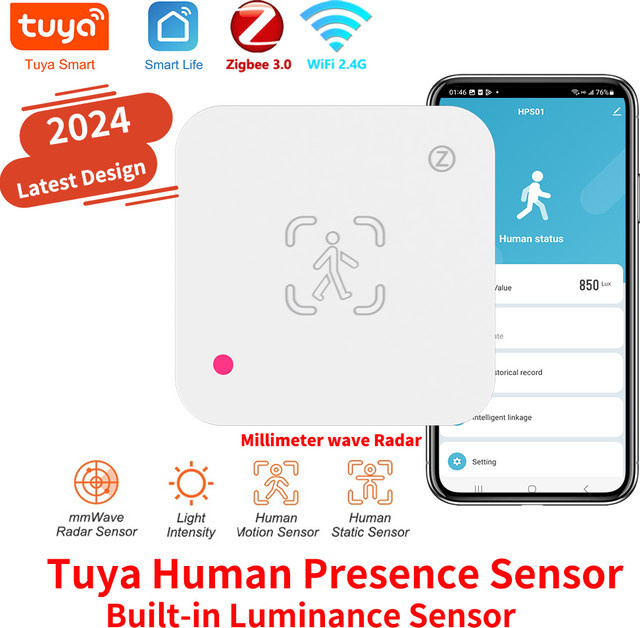 Tuya WiFi MmWave Radar Präsenzsensor mit Helligkeitssensor in Weiß für dein Smart Home - Bild 1
