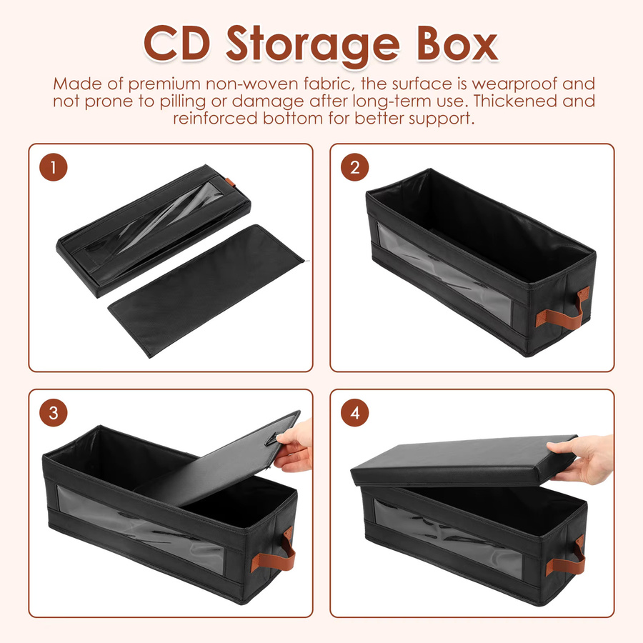 Willstar 4er-Pack DVD-Aufbewahrungsboxen aus Stoff in Schwarz mit Sichtfenster, Deckel und Griff für bis zu 104 Hüllen - Bild 5