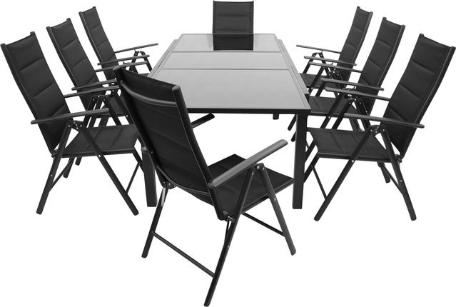 DEGAMO Gartenmöbel Garnitur TORINO 9-teilig aus Aluminium und Glas in Anthrazit und Schwarz, ausziehbar, rechteckig - Bild 1