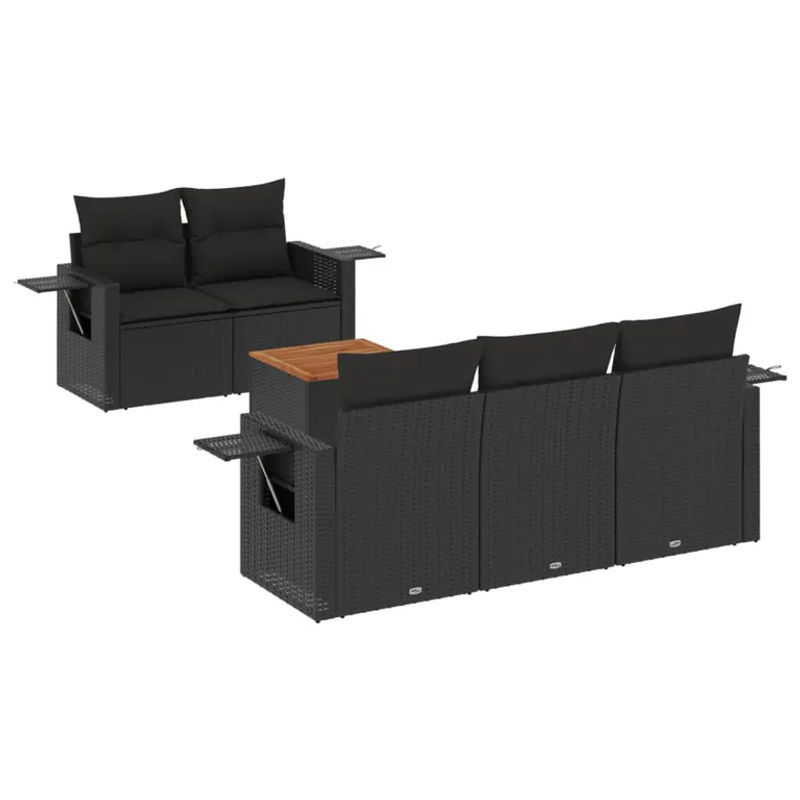 vidaXL 6-teilige Garten-Sofagarnitur aus Polyrattan und Akazienholz in Schwarz mit Kissen - Bild 2