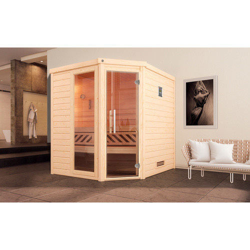 WEKA Massivholzsauna Turku 2 für 6 Personen in Braun inklusive 9 kW Ofen mit externer Steuerung und Sparset mit Glasfenster und Glastür - Bild 2
