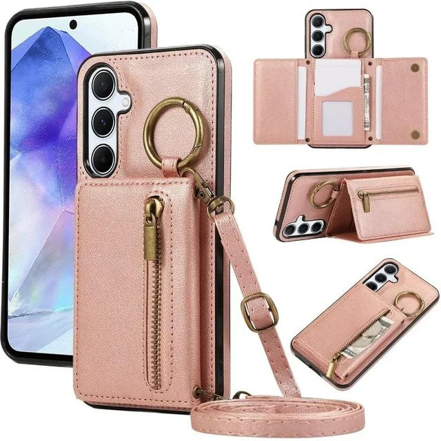 Crossbody-Kartenhalter und Brieftaschenetui aus Leder für Samsung Galaxy S25 Ultra S24 S23 S22 S21 Plus A55 A35 in Pink - Bild 1