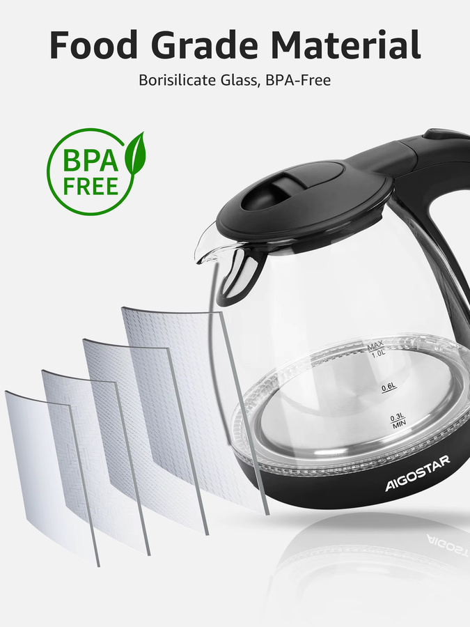 Aigostar Elfin Mini-Wasserkocher aus Borosilikatglas mit LED-Beleuchtung, 2200 W, 1 l, Schwarz - Bild 3