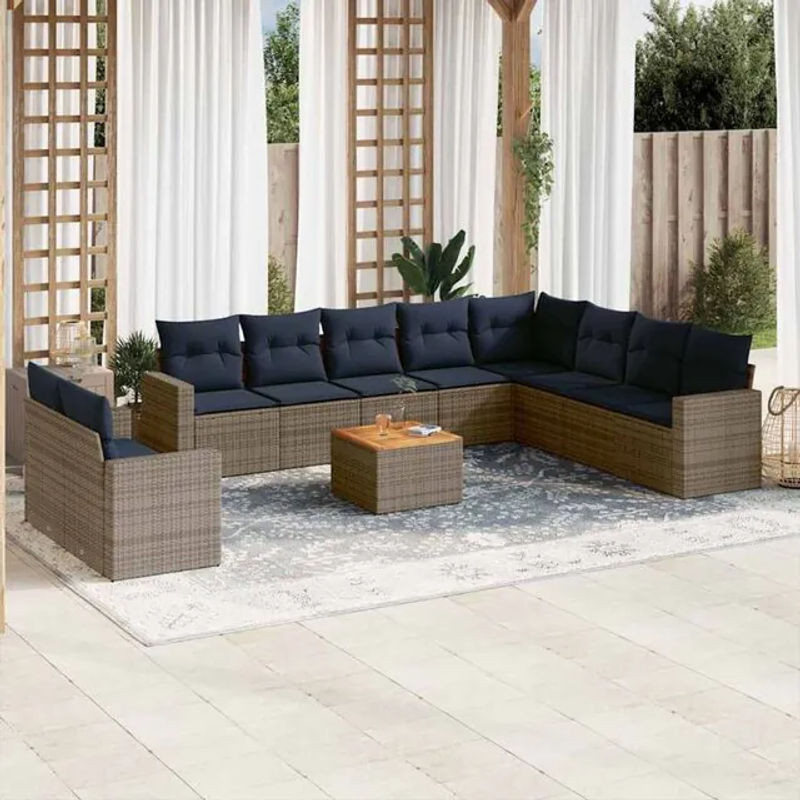 11-teilige moderne Garten-Sofagarnitur aus Poly-Rattan mit Kissen in Grau von vidaxl - Bild 1