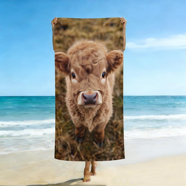 Strandtuch mit Cartoon Hochlandkuh Aufdruck von JMG Household Supplies, ultrafeine Faser, schnelltrocknend und saugfähig, Farbe: beige, B x H: 75 x 150 cm - Bild 1