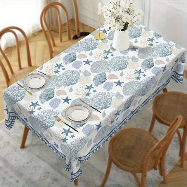 Rechteckige Tischdecke von JINGYUE Pet mit blauem Meeres-Motiv aus Seesternen, Muscheln und Korallen, B/T: 140 x 180 cm - Bild 1