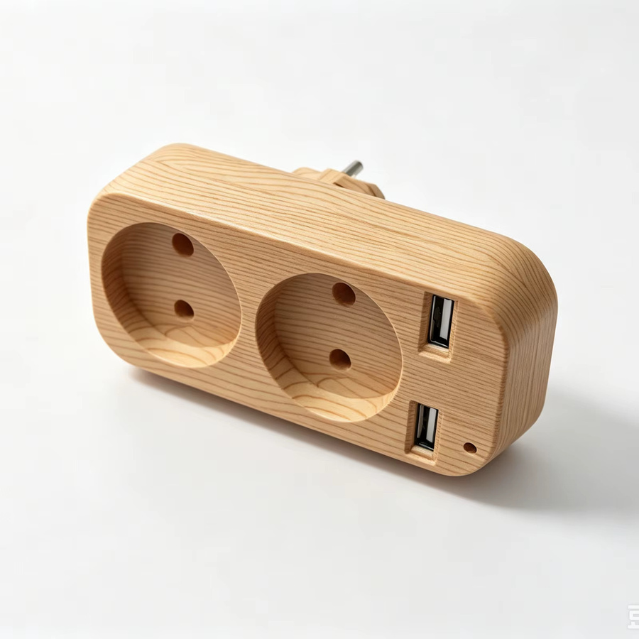 EU-Steckdosenadapter in Holzmaserung Beige mit 2 EU-Steckdosen und Dual USB-A Anschlüssen (5V 2A) - Bild 2