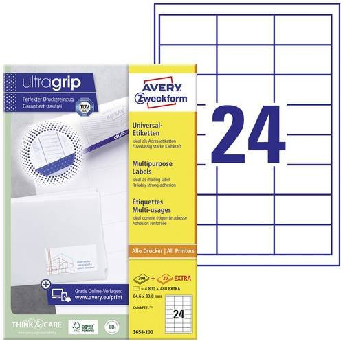 Avery Zweckform Universal-Etiketten 3658-200, Weiß, A4, FSC-Papier, 4800 Stück, Breite: 64,6 mm, Höhe: 33,8 mm - Bild 1