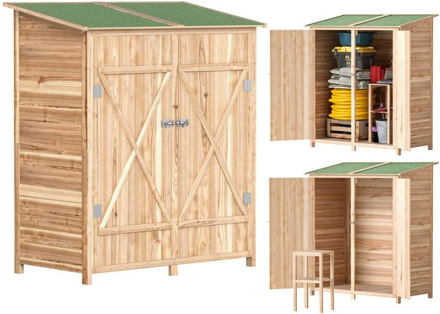 Outsunny Gartenschrank aus Kiefernholz in Braun, wetterfester Geräteschuppen mit Doppeltüren, B/T/H: 140 x 75 x 157 cm - Bild 1
