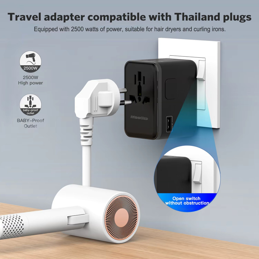MeeGoo 100W GaN Universal-Reiseadapter in Schwarz mit 1 USB-A und 3 Typ-C Anschlüssen sowie AC Schnell-Ladeadapter für EU, UK, USA und AUS - Bild 4