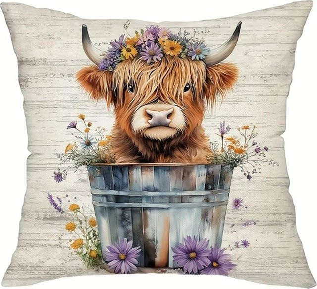 Weicher Kissenbezug mit Hochlandkuh-Motiv für Wohnzimmer und Schlafzimmer, B/B: 18 x 18 cm - Bild 1
