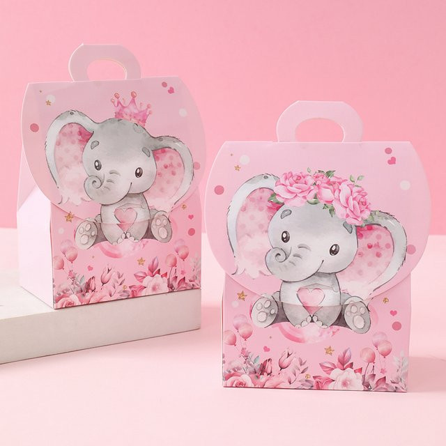 Rosa Geschenkboxen mit Elefanten-Motiv aus Papier für Geburtstag, Hochzeit und Babyparty - Bild 1