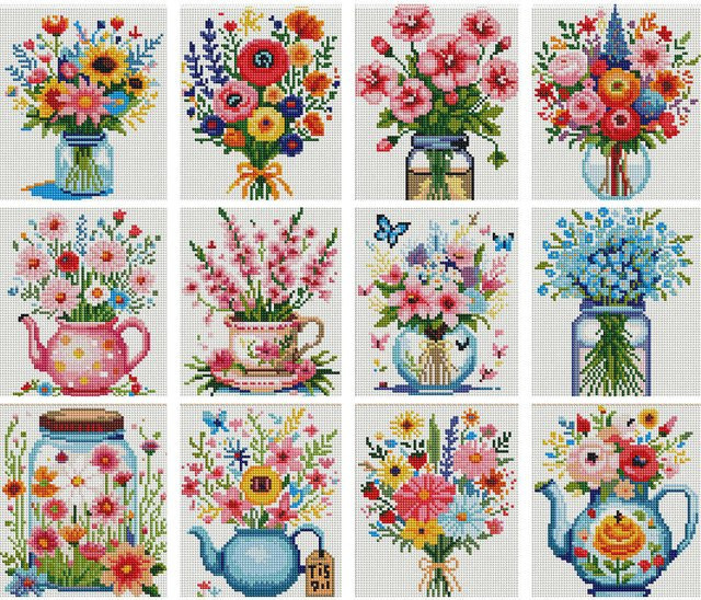 Huacan 12er Set Runde Mosaik-Mini-Diamant-Gemälde mit Blumen- und Sonnenblumen-Motiv in Mehrfarbig für die moderne Heimdekoration - Bild 1