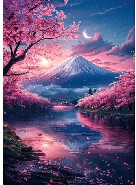 Leibert Art Decoration Painting Japanische Kirschblüten am Fuji Poster in Hellrosa, Leinwandgemälde für dein Heim oder Büro, Breite: 30 cm, Höhe: 40 cm - Bild 1