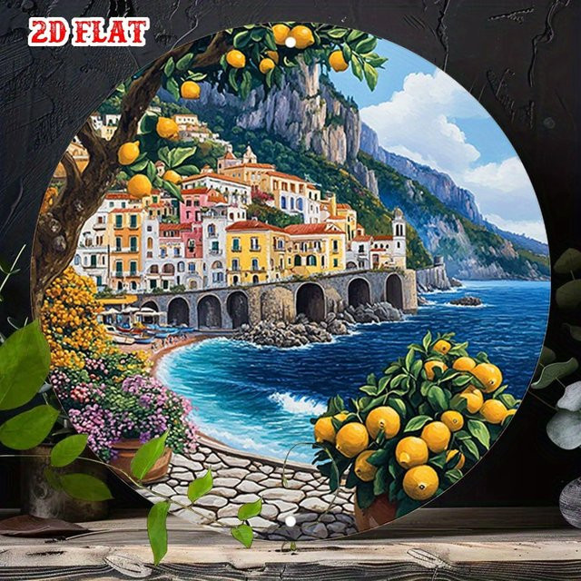 Potdemiel Metallwandkunst Amalfi-Küste Rund, Mediterrane Küstenlandschaft in Multicolour, Durchmesser: 20 cm - Bild 1