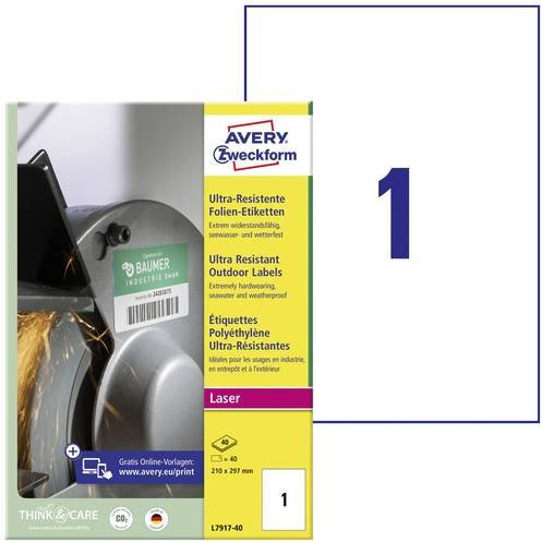 Avery Zweckform Folien-Etiketten L7917-40 Weiß, A4, 40 Stück, für Laser, Polyethylenfolie - Bild 1