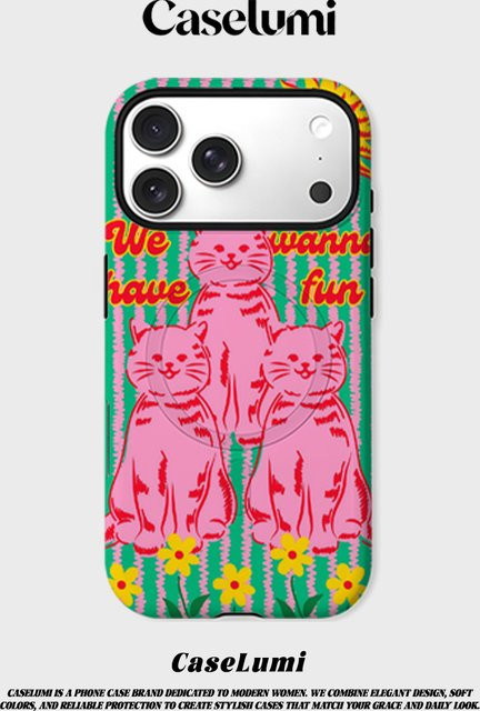 CaseLumi Matte Bumper MagSafe Hülle für iPhone 17 16 15 14 13 Pro Max Stoßfeste Harte PC Retro Design in Pink mit Katzen und Sonne - Bild 1
