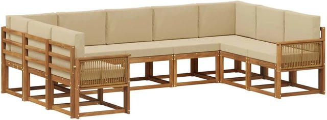 vidaXL Outdoor-Sofagarnitur aus Massivholz Akazie in Natur und Beige, 9-teiliges L-Shape Set mit Sitz- und Rückenkissen - Bild 1