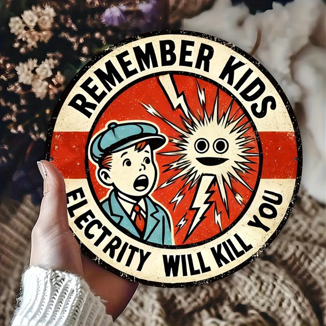 Vintage Aluminiumschild Potdemiel Remember Youngsters Electricity Will Kill You B/B/H: 20,3 x 20,3 x 0,1 cm - Bild 1