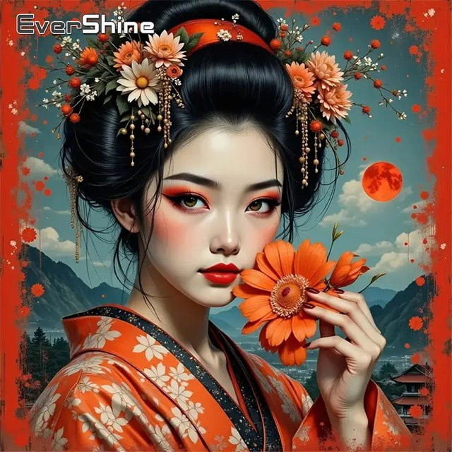 Evershine Diamant-Gemälde Porträt einer japanischen Frau als DIY Kreuzstich-Set mit Strasssteinen und Mosaik-Effekt in Multicolour, B/H: 20 x 20 cm - Bild 1