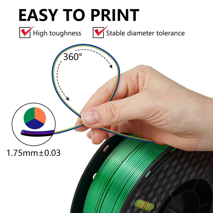 KINGROON Seiden-PLA-Filament 1,75 mm, dreifarbiges Multicolor-Filament für FDM-3D-Drucker, 1 kg Spule - Bild 2