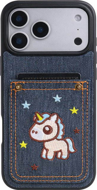 Niedrige iPhone Handyhülle aus Denim-Kunstleder in Blau mit besticktem Pferd und Kartensteckplatz im koreanischen Cartoon-Stil - Bild 1