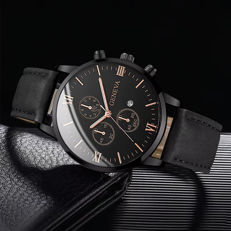 yolako Armbanduhr, Quarz, Leder, Schwarz, Roségold, Herren - Bild 3