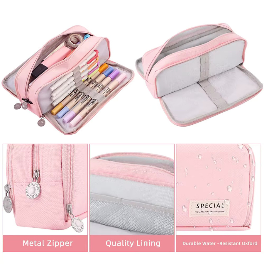 Multifunktionales Federmäppchen mit 3 Fächern und großem Fassungsvermögen für Schüler, erhältlich in Blau und Pink - Bild 3