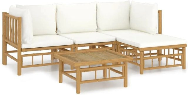 vidaXL 5-tlg Garten-Lounge-Set aus Bambus in U-Form mit cremeweißen Polsterkissen in Braun und Weiß - Bild 1