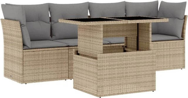 vidaXL 5-teilige Garten-Sofagarnitur in L-Form mit Kissen und Couchtisch, Beige, Poly-Rattan und Metallgestell - Bild 1