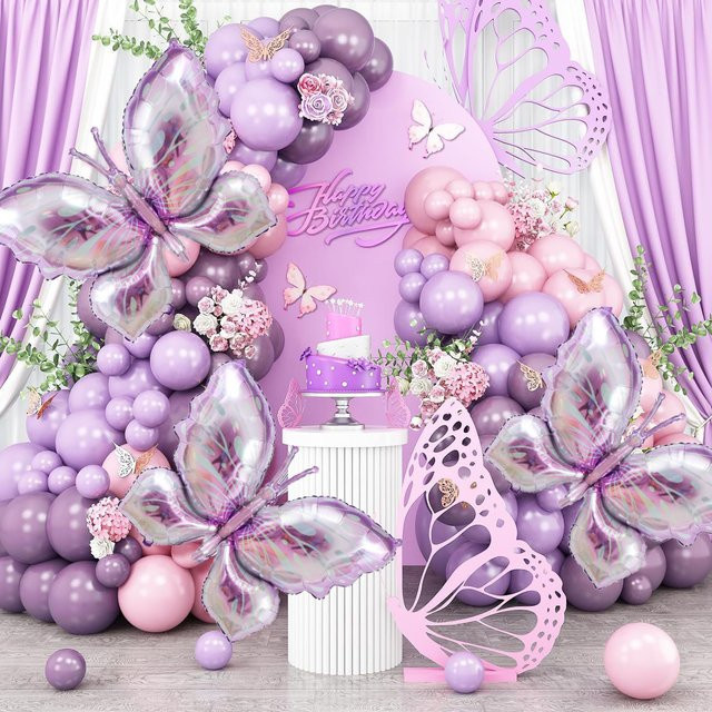 144-teiliges Geburtstagsballon-Set mit lila Schmetterlingsmotiv und floralem Design in Mehrfarbig, ideal für Hochzeiten, Verlobungen oder Valentinstag - Bild 1