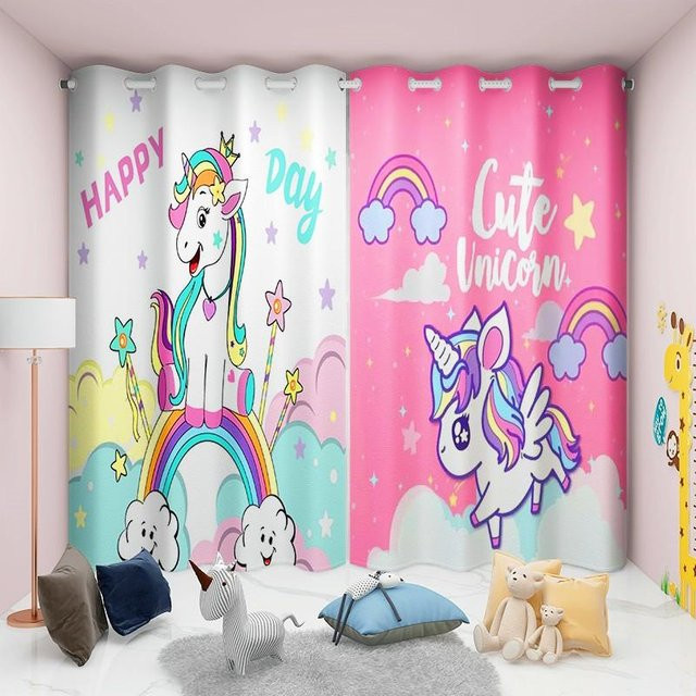 Yiran Furniture Einhorn Regenbogen Vorhänge für Kinder in Rosa, 2er-Set mit Ösenaufhängung, Breite: 60 cm, Höhe: 50 cm - Bild 1