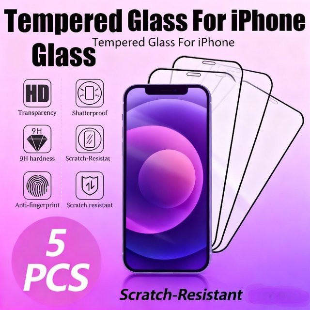 5 Stück Displayschutzfolien aus gehärtetem Glas für iPhone 11 bis iPhone 17 Pro Max, transparent - Bild 1
