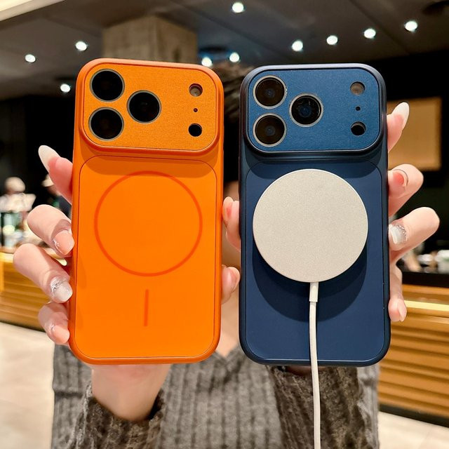 Stoßfeste MagSafe Schutzhülle für iPhone 17 Pro Max, 16, 15, 14, 13 mit magnetischer drahtloser Ladefunktion in Blau und Orange - Bild 1