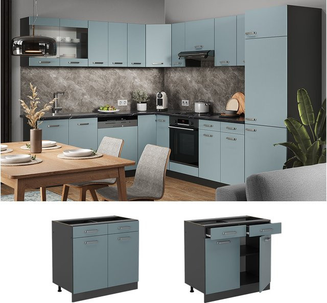 Vicco Küchenunterschrank R-Line Solid Schubunterschrank in Anthrazit und Blau-Grau mit einer Breite von 80 cm - Bild 1