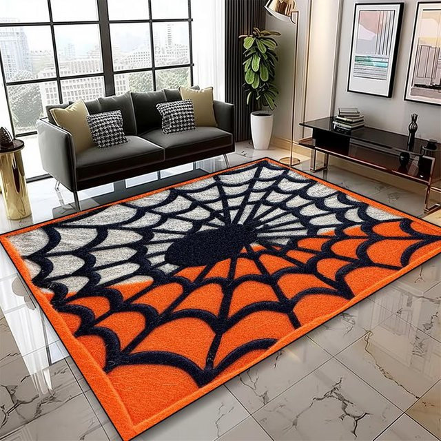 Karpetti Spinnennetz-Teppich in Orange, geometrisches Design, rutschfest und waschbar, B/T: 80 x 120 cm - Bild 1