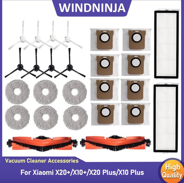 WINDNINJA Ersatzteil-Set für Xiaomi Roboter Staubsauger X20 Plus, X10 Plus, X20 und X10: Staubbeutel, Mopp-Tücher, Seitenbürsten und HEPA-Filter in Weiß - Bild 1